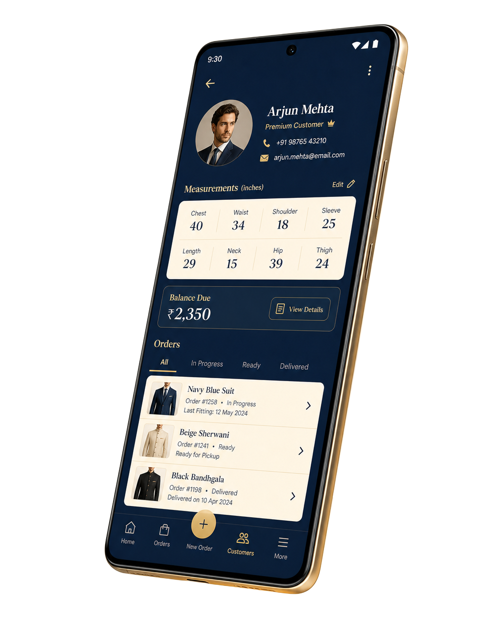 The Daftar customer screen, showing saved measurements and orders for a tailor shop customer.